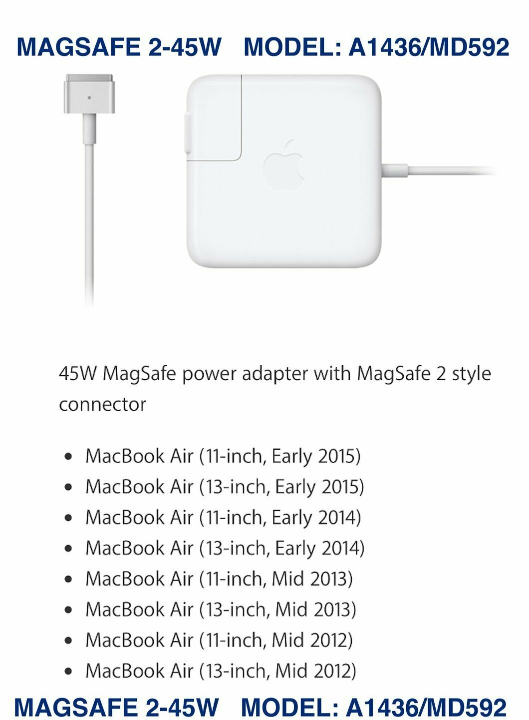 Magsafe 2 Charger for MacBook Air (45W) (T Connector) (Mid 2012