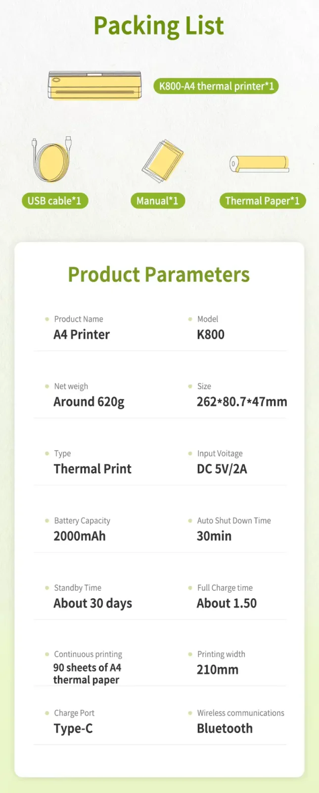 Portable Inkless Thermal Printer