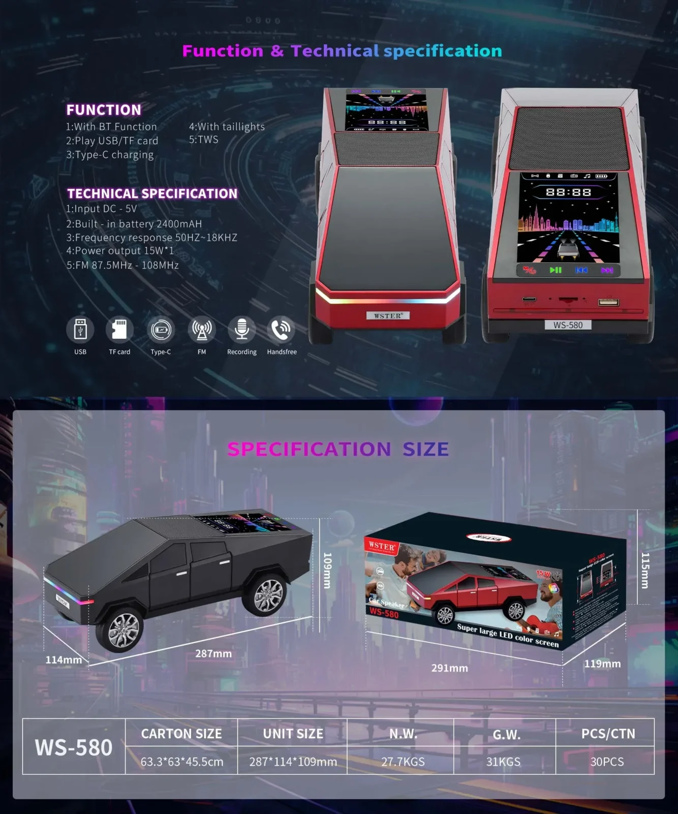 WS-580 Cybertruck Bluetooth Speaker